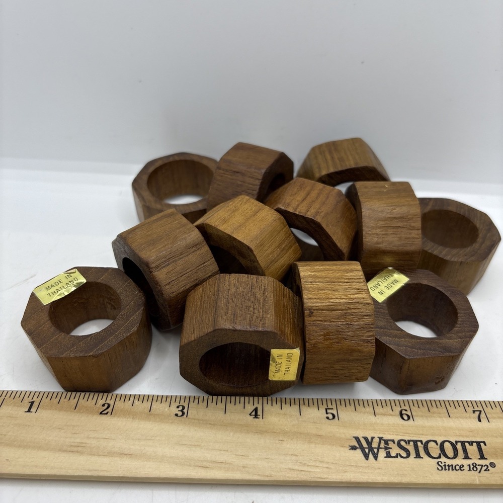 Hand Crafted Teak Wood Round Napkin Rings Made in Thailand Set of‎ 12
